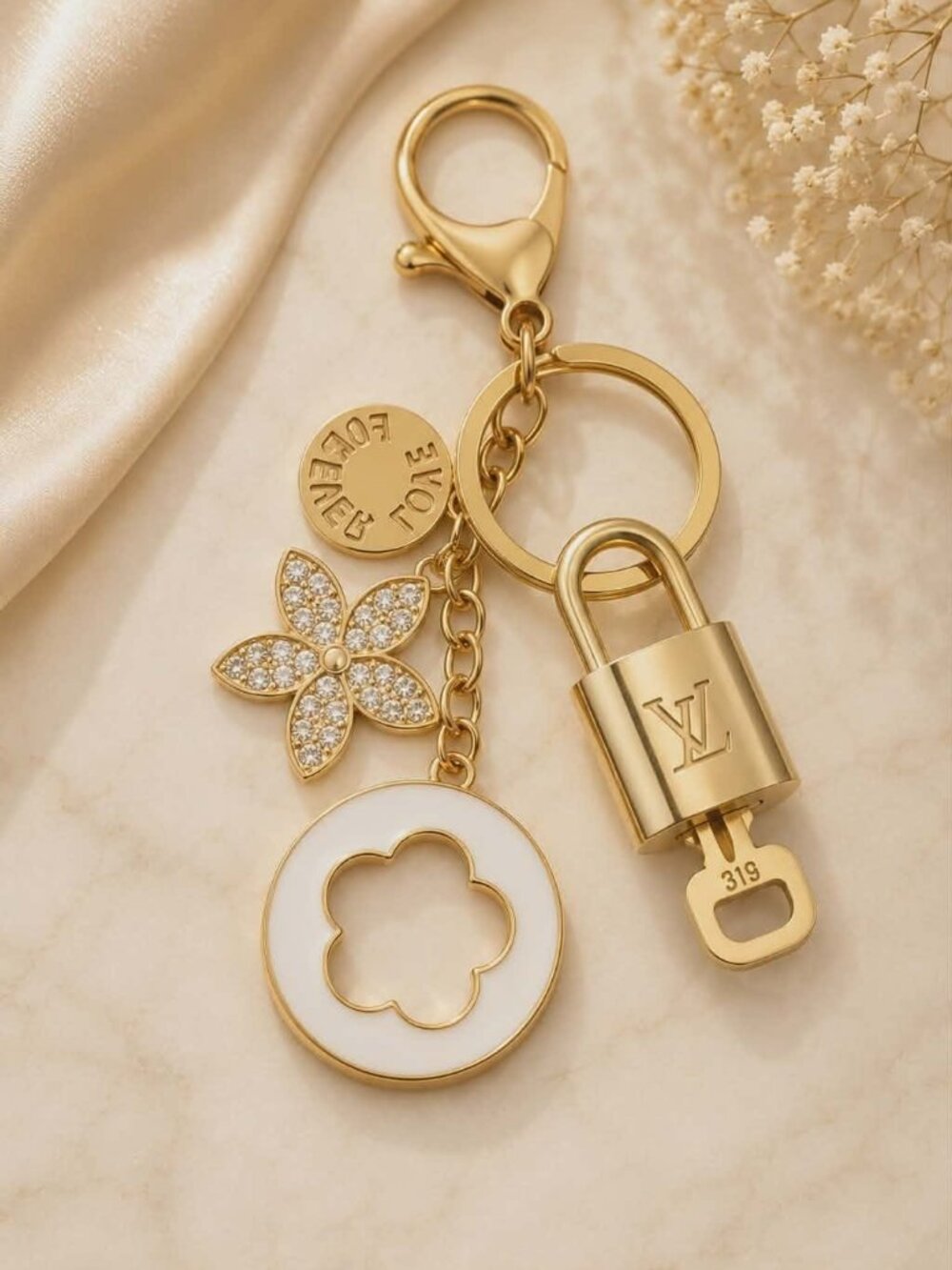 LV Gold Padlock Authentic 🔑 Luxury Bag Charm w/ Unbranded Flower Keychain